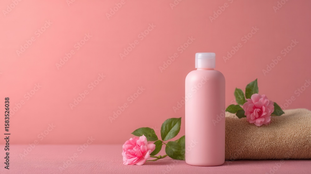 Pink Cosmetic Bottle with Floral Decoration on Soft Pink Background Pink Cosmetic Bottle with Floral Decoration on Soft Pink Background
