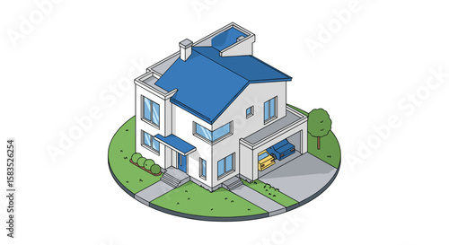 Modern suburban home design with attached garage and landscaped yard