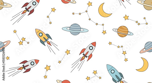 Whimsical cosmic adventure with rockets planets and stars for kids
