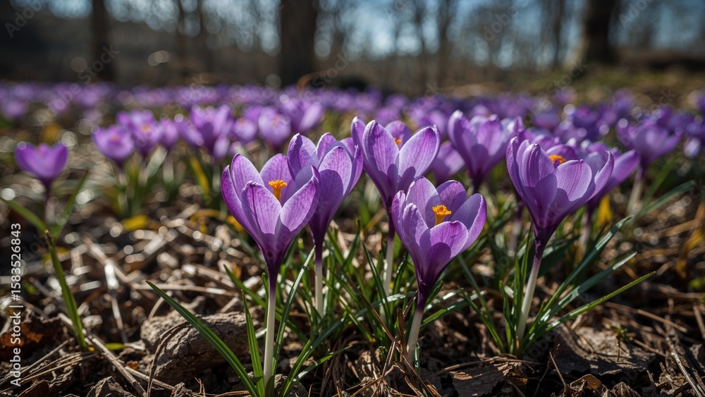 Lush purple crocus blooms prospering in their native forest habitat. Lush purple crocus blooms prospering in their native forest habitat.