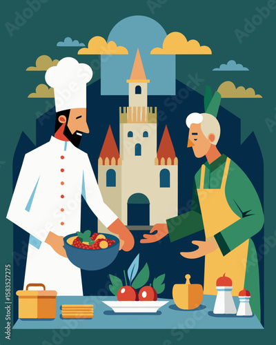 In the castles kitchen the freelancer assists the chef in preparing a feast for the castles noble inhabitants creating mouthwatering dishes with fresh ingredients from the castles. Vector illustration