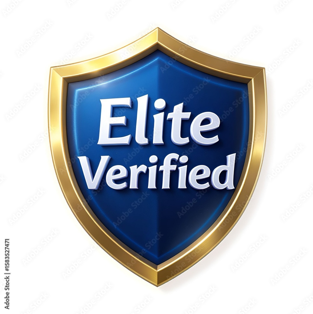 Obraz premium Gold-framed blue shield emblem: Elite Verified premium quality assurance badge, trust and security concept.