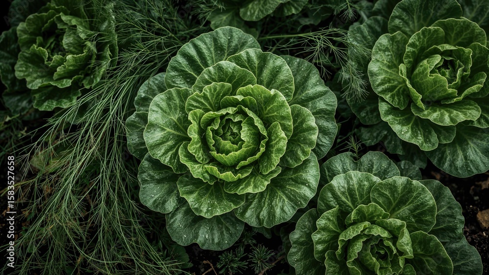 Fototapeta premium A blend of curly salad, lettuce, and dill growing together on a varied garden bed. Organic farming, mixed planting.