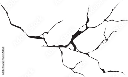 Damage surface crack and fissure in ground, concrete, crevices from disaster silhouette breaks on land surface from earthquake isolated on white background. Broken ground, wall, glass pattern effect.