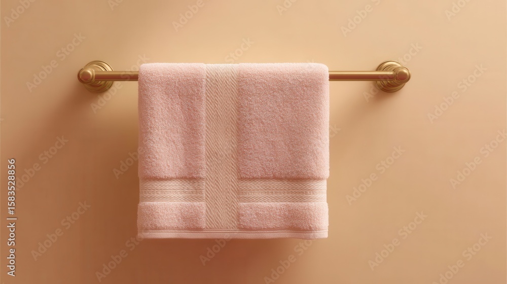 Obraz premium Soft Pink Towel Hanging on a Gold Towel Bar Against a Beige Background