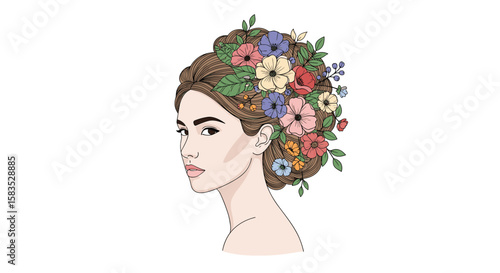Elegant woman with beautiful colorful flowers adorning her hair in a side profile view
