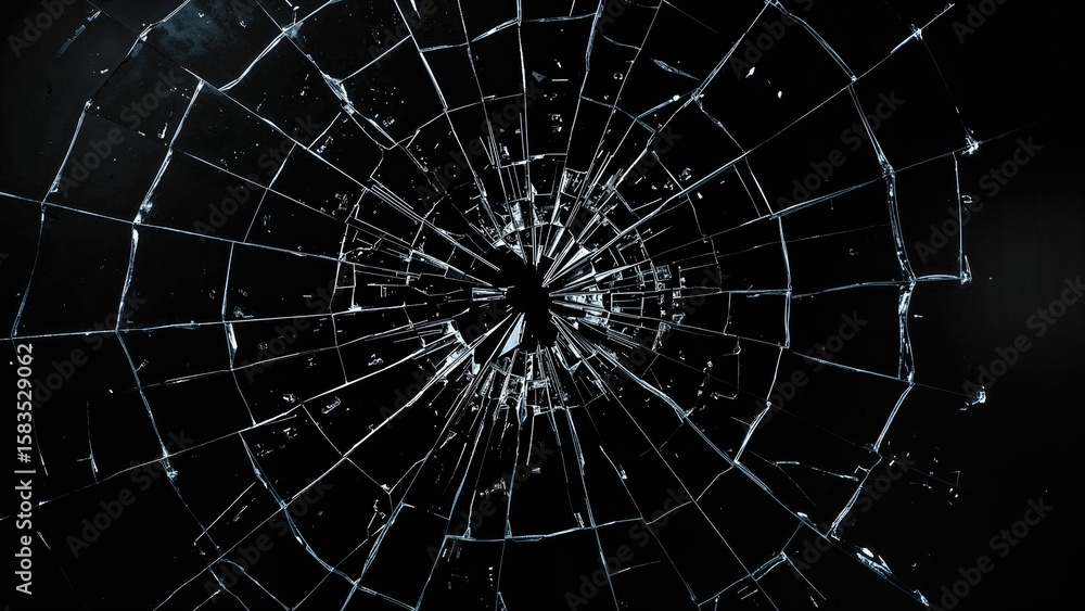 Fototapeta premium Fractured black glass with shattered hole, abstract damage design