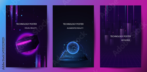 Future Tech Posters Set. Visual Reality And Augmented Reality. Technology Metaverse Concepts