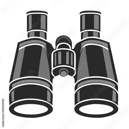 Illustration of binoculars for exploration, surveillance, or discovery in black and gray on a black background.