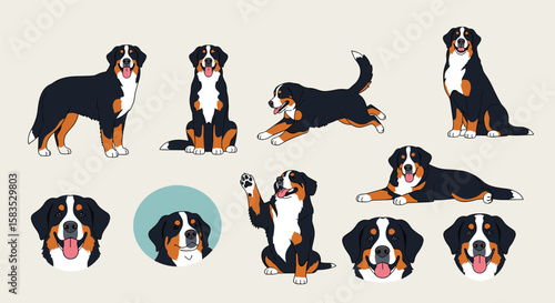 Collection of pixel art bernese mountain dogs in various poses and expressions for digital design projects