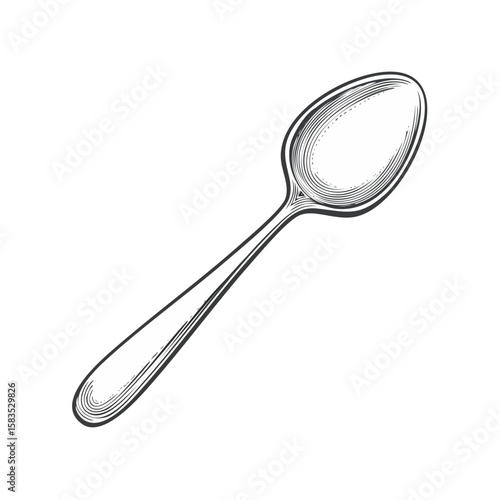 Engraved teaspoon illustration isolated on black background. Kitchen utensil drawing for menus or food branding. Vintage cutlery design