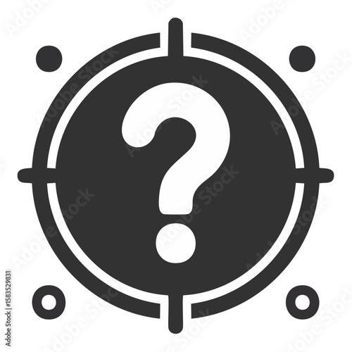 Question mark icon inside target crosshair sign centered on a black background