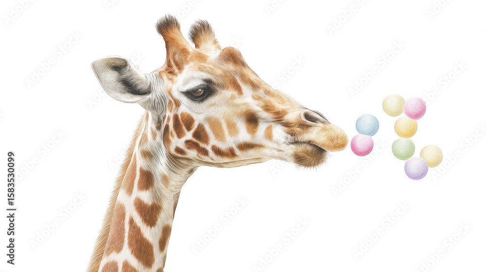 The portrait of a giraffe looking to the right side with some small candy circles coming from its mouth, and a white isolated background provides contrast. The portrait of a giraffe looking to the right side with some small candy circles coming from its mouth, and a white isolated background provides contrast.