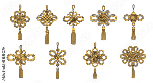 Decorative ornate golden knots with tassels for festive celebrations and cultural events
