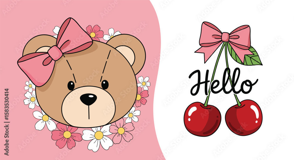 Fototapeta premium Adorable teddy bear surrounded by flowers with cherries and hello text