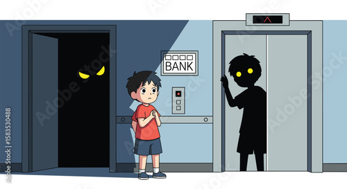 A young boy encounters a mysterious shadow figure waiting beside an elevator