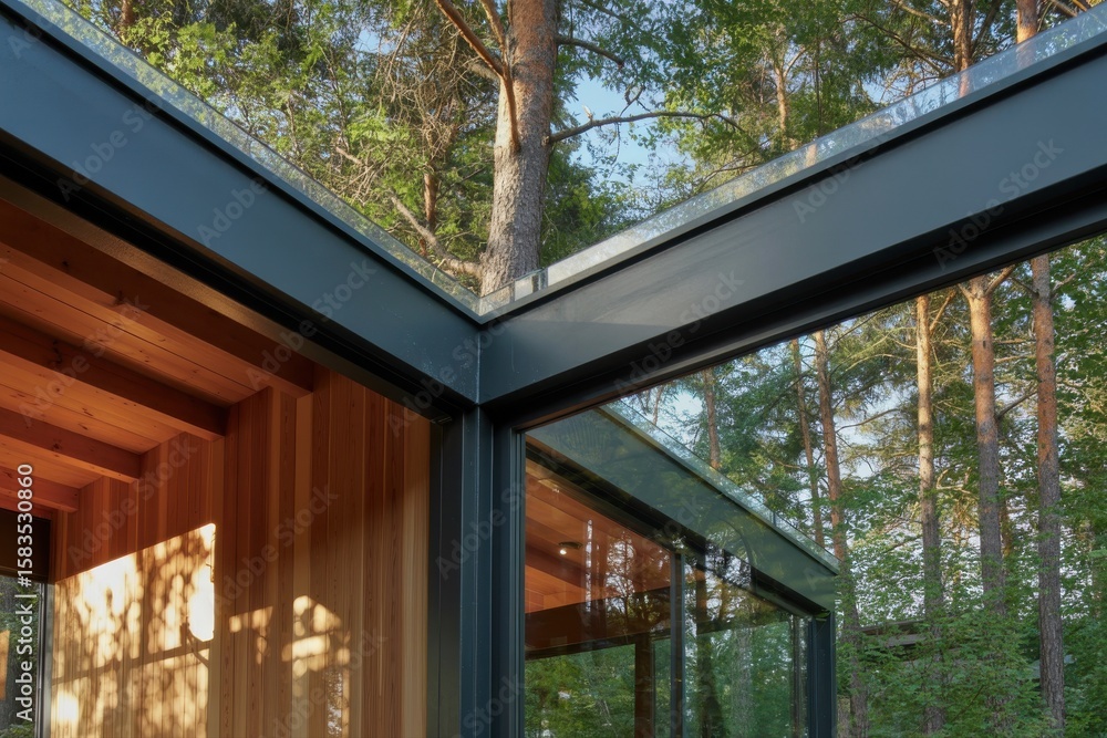 Fototapeta premium Modern architecture blends with nature in a glass and wood structure