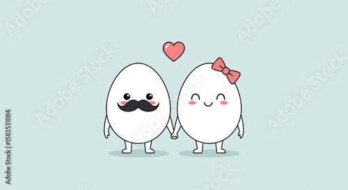 Adorable kawaii eggs holding hands under a heart symbol romantic cute design