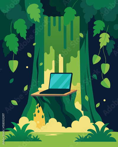 Hidden behind a curtain of ivy a laptop rests on a large tree stump allowing someone to work while surrounded by the soothing sounds and sights of the hidden waterfall retreat.. Vector illustration