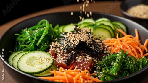 Close Up Shot Of Colorful Healthy Food Bowl With Sesame Seeds Garnishing Fresh Vegetables