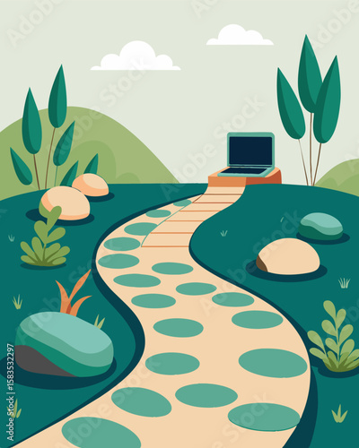 Nestled a pebblelined pathways and aromatic herbs the laptop invites moments of calm contemplation.. Vector illustration