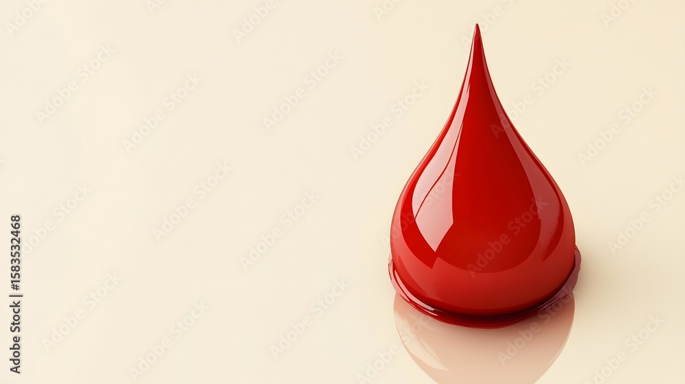 Obraz premium A single glossy red drop of liquid rests on a pale surface creating a smooth and reflective texture.