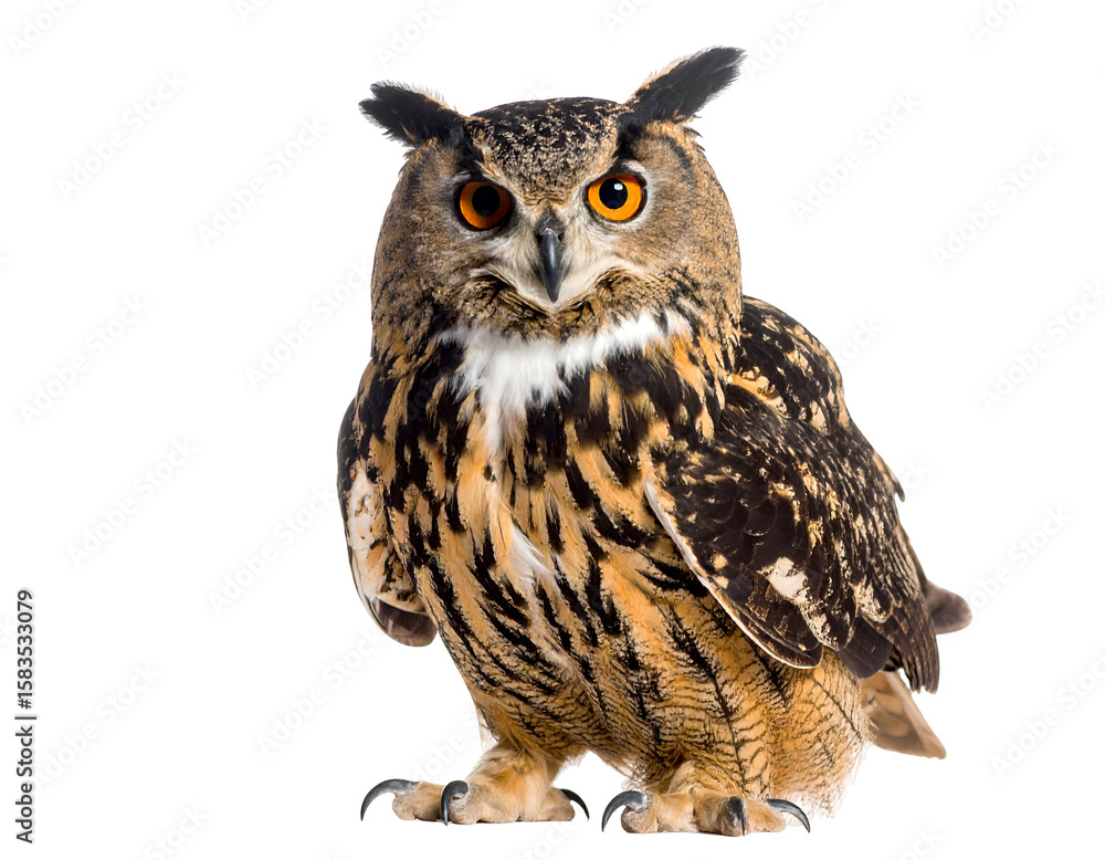 Fototapeta premium Watchful owl with bright orange eyes and distinctive ear tufts stands poised and ready.