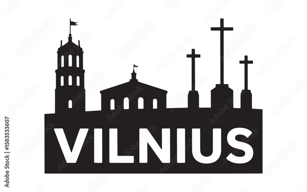 Obraz premium Striking Black and White Silhouette Depiction of Vilnius Skyline with Prominent Landmarks and 