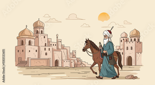 Illustration of a old man with a horse walking in an vintage Arabian landscape