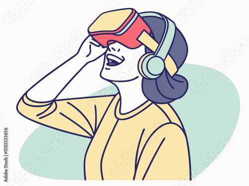 Smiling woman wearing a VR headset, ideal for joyful tech engagement and immersive entertainment in modern flat illustration style.