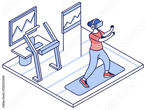 Immersive virtual reality workout session, perfect for fitness tech, digital movement, and gamified training in modern flat illustration style.