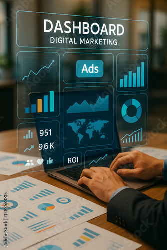 Digital marketing dashboard displaying analytics, graphs, and metrics for tracking campaign performance and engagement