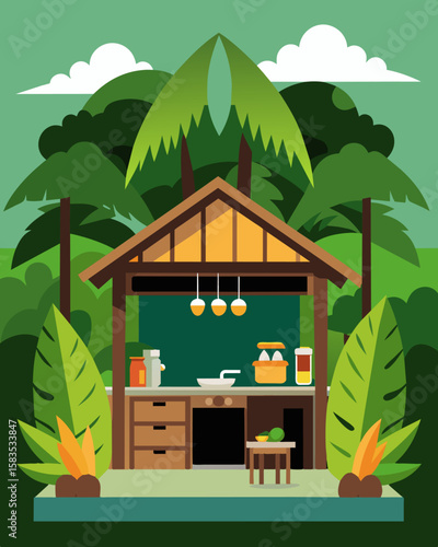 The bungalows small kitchenette allows the digital nomad to cook their meals with fresh ingredients sourced from the rainforest creating a unique and sustainable lifestyle.. Vector illustration