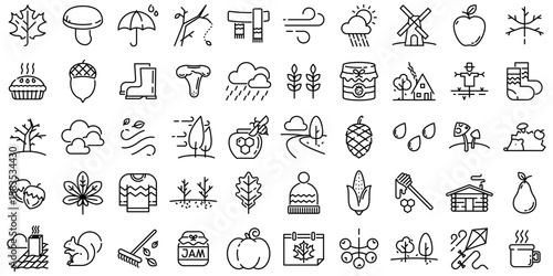 Set of 50 autumn-themed linear icons including leaves, food, animals, and nature. Editable stroke. Suitable for fall design, packaging, apps, and web. Vector illustration.