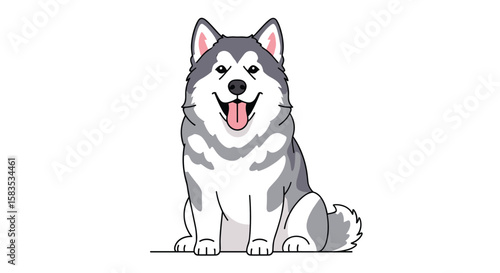Happy siberian husky dog sitting with tongue out and wagging tail joyful animal companion