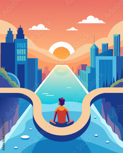 In the midst of a bustling city a digital nomad finds serenity high above in their cliffside infinity pool a stark contrast to the busy streets below.. Vector illustration