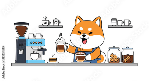 Adorable shiba inu barista creates delicious coffee drinks with joyful expression