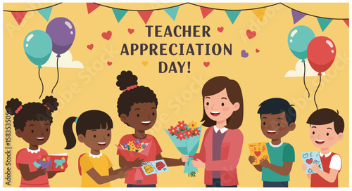 A diverse group of cheerful elementary students celebrating Teacher Appreciation Day, happily presenting flowers, cards, and gifts to their beloved female educator under a festive banner.