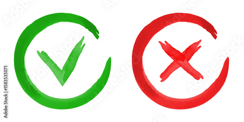 Check and cross watercolor icons. Red and green round icons. Vector set