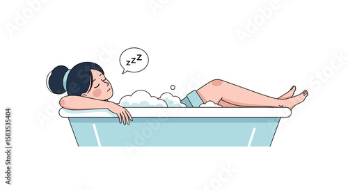Relaxing woman sleeping peacefully in a warm bubble bath for ultimate serenity and calmness