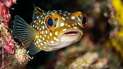 A cute and funny tropical saltwater fish with big and spotted skin pattern