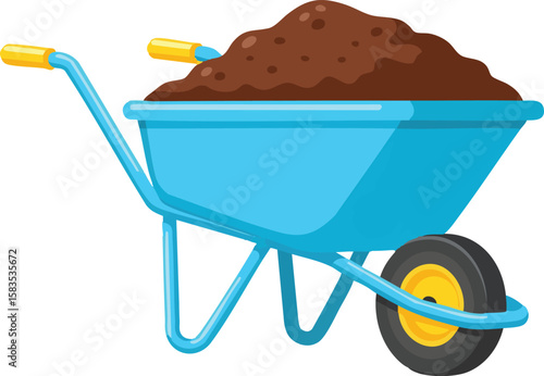 Cartoon illustration of a blue wheelbarrow filled with brown soil, isolated on a white background.