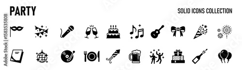 Event planning icons. Simple set of party related vector line Icons. Contains such Icons as bouquet of flowers, karaoke, dj, masquerade and more.	