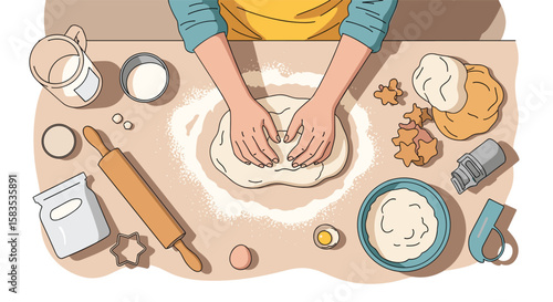 Hands kneading dough on floured surface surrounded by baking ingredients and tools