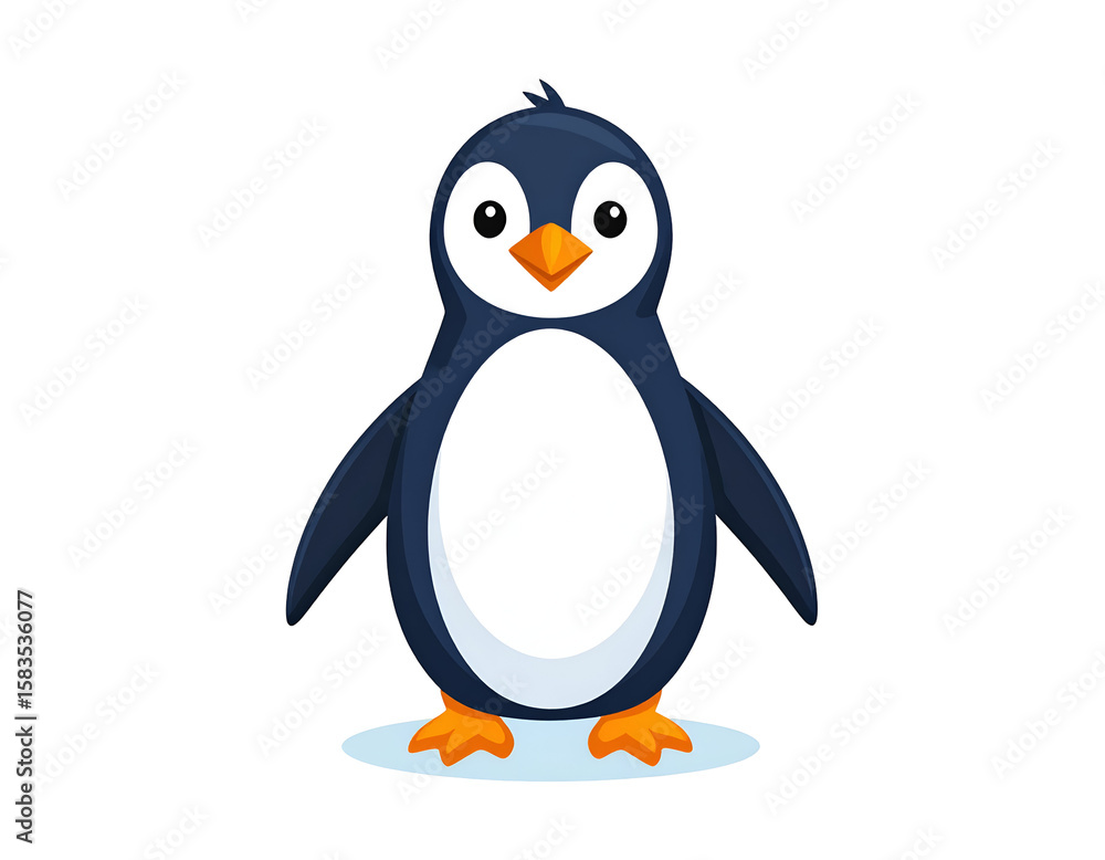 Fototapeta premium An adorable illustrated penguin with a playful demeanor stands on a light blue ice platform.