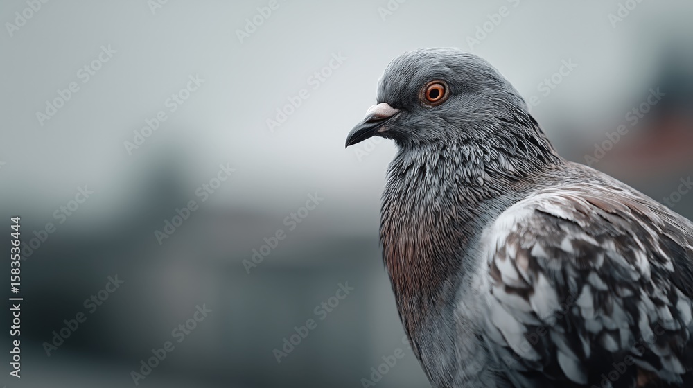 Fototapeta premium Close-up of a pigeon with striking features against a muted background, showcasing its unique colors and textures.