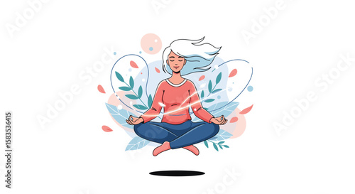 Woman meditating peacefully in a serene nature setting surrounded by abstract floral elements and gentle energy flow