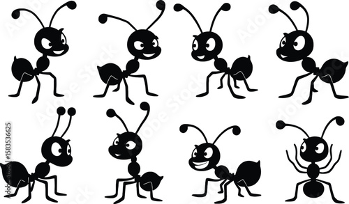 Multiple black silhouettes of ants in different poses.