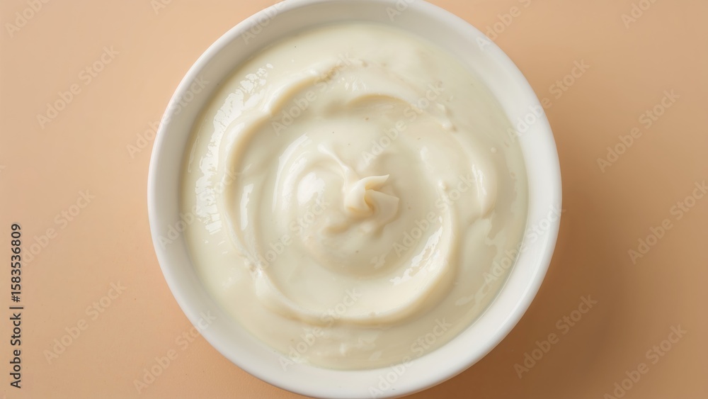 Top-down image of a white dish brimming with smooth mayonnaise on a culinary background. Top-down image of a white dish brimming with smooth mayonnaise on a culinary background.