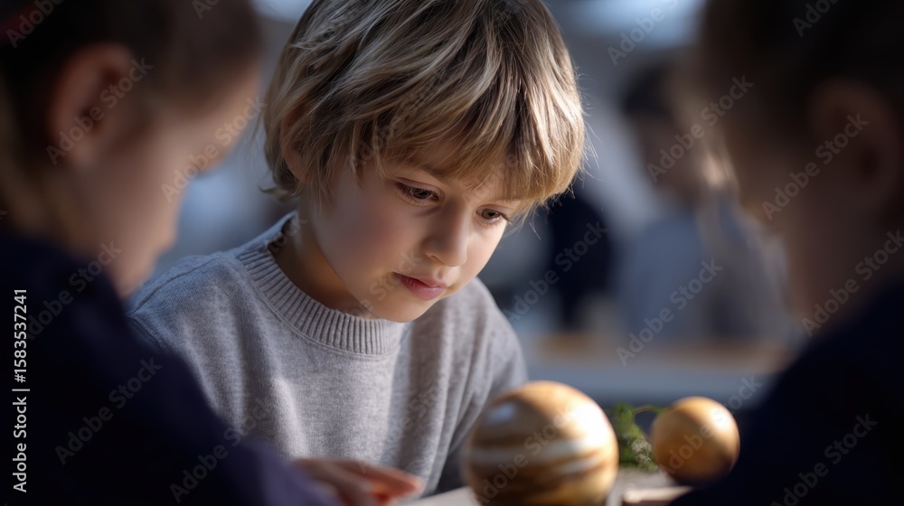 Fototapeta premium A focused young boy studies a wooden model of planets during a hands-on learning activity.